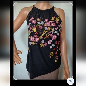 International Concepts Floral Embroidered Black Halter Top Size XS.